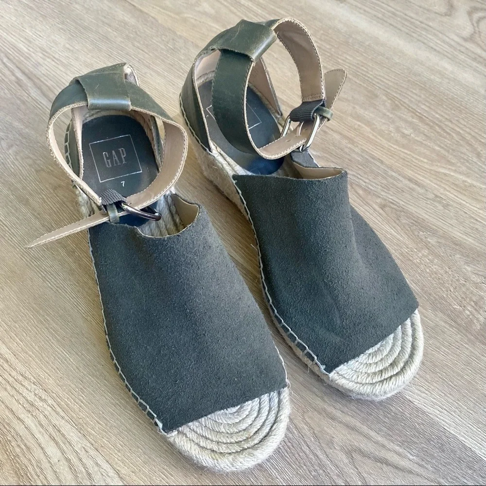 GAP Green Suede Wedge Sandals with Ankle Strap - Comfortable Summer Shoes - Picture 2 of 10
